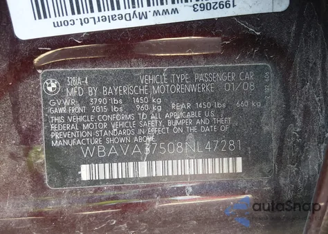 2008 BMW 328I z USA, uszkodzony, nr VIN WBAVA37508NL47281